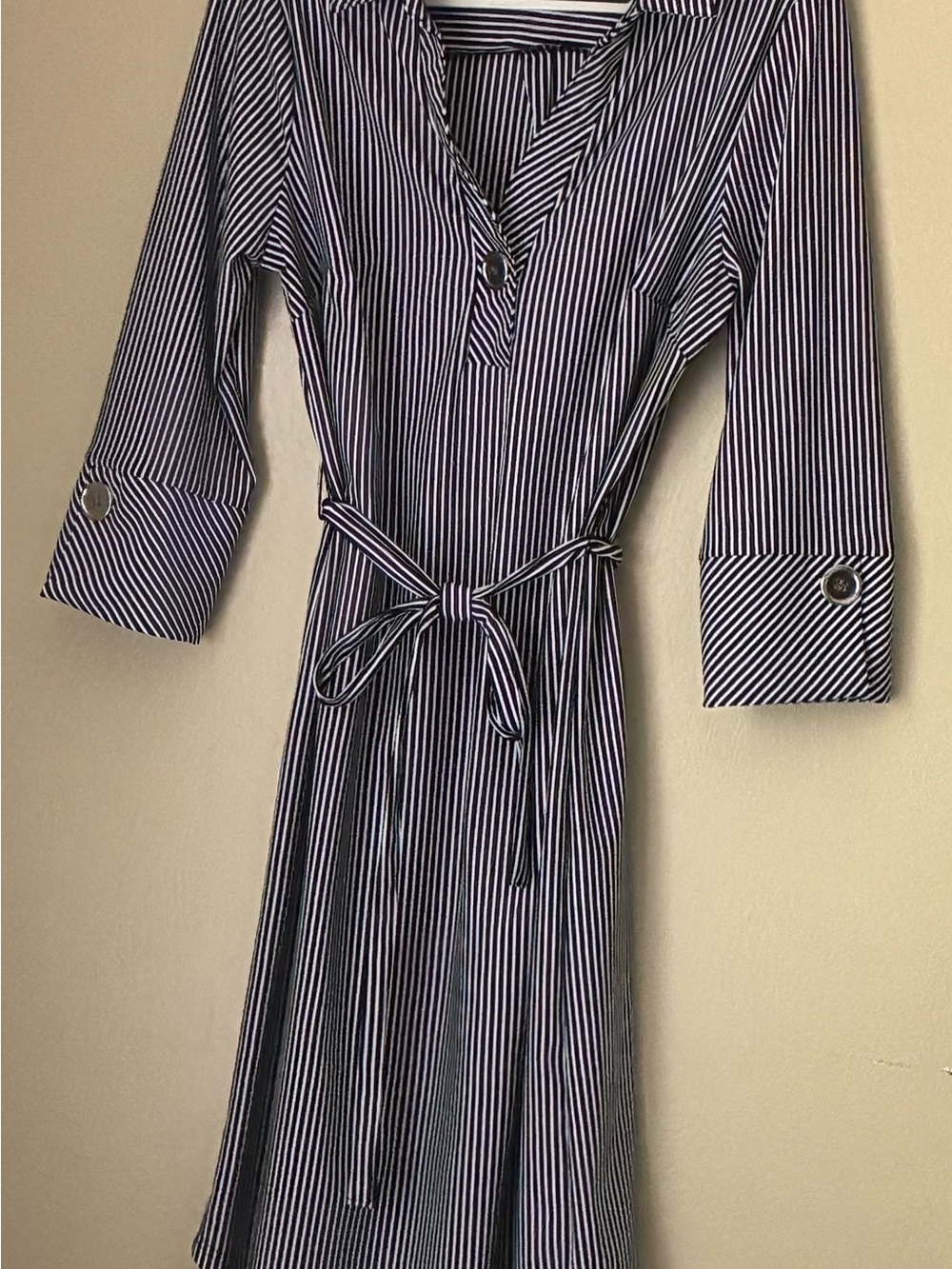 Mlle Gabrielle Navy and White Striped Belted Maxi Dress